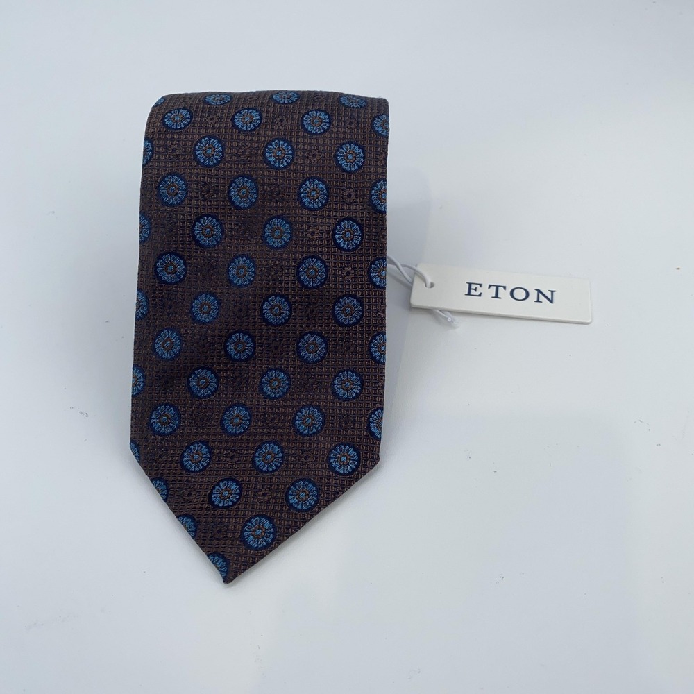 Eton Silk Tie Mens One Size Brown Blue Medallion Pattern Made In Italy
